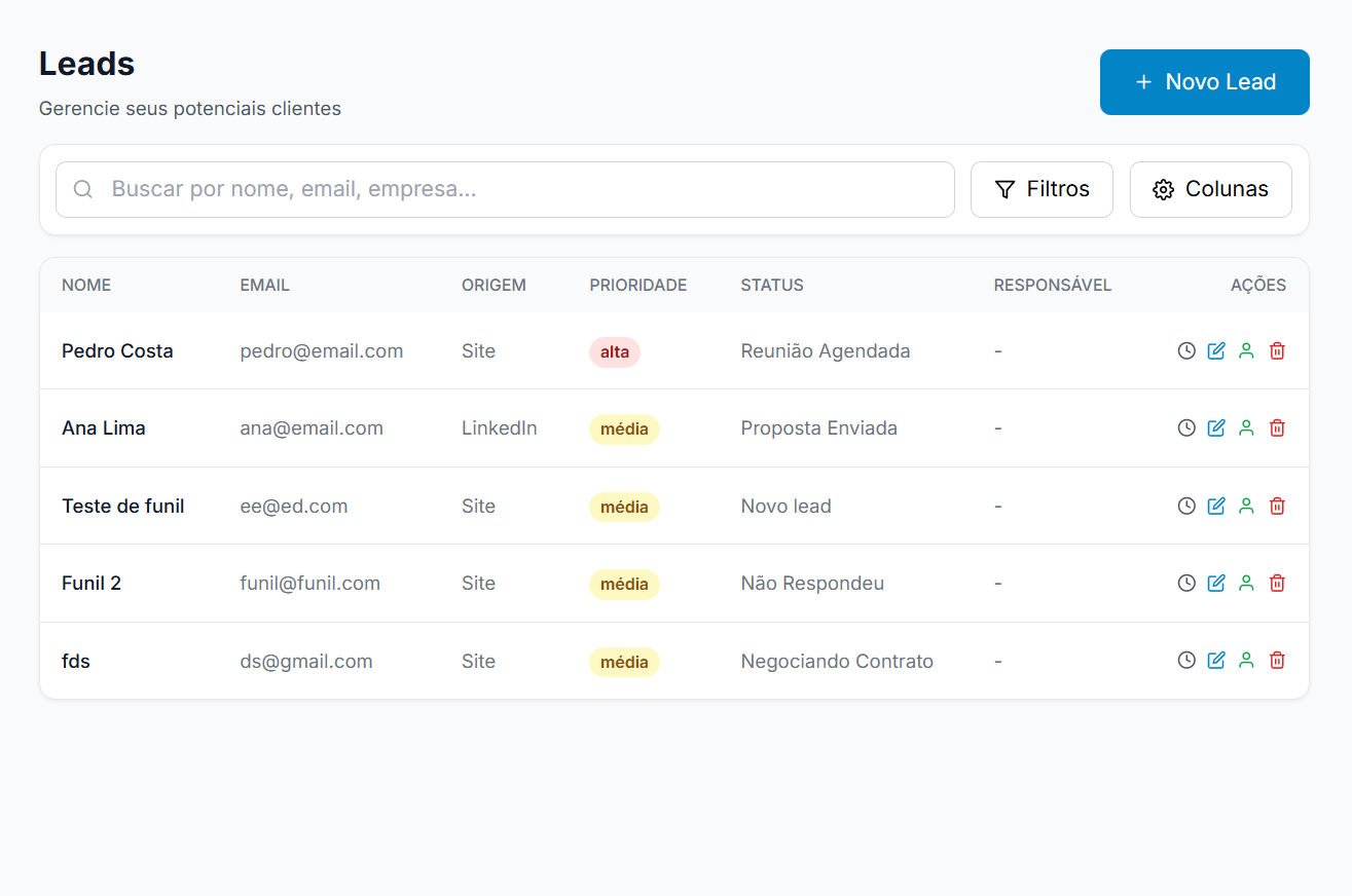 Tela de gestão de leads do SOMMAR CRM